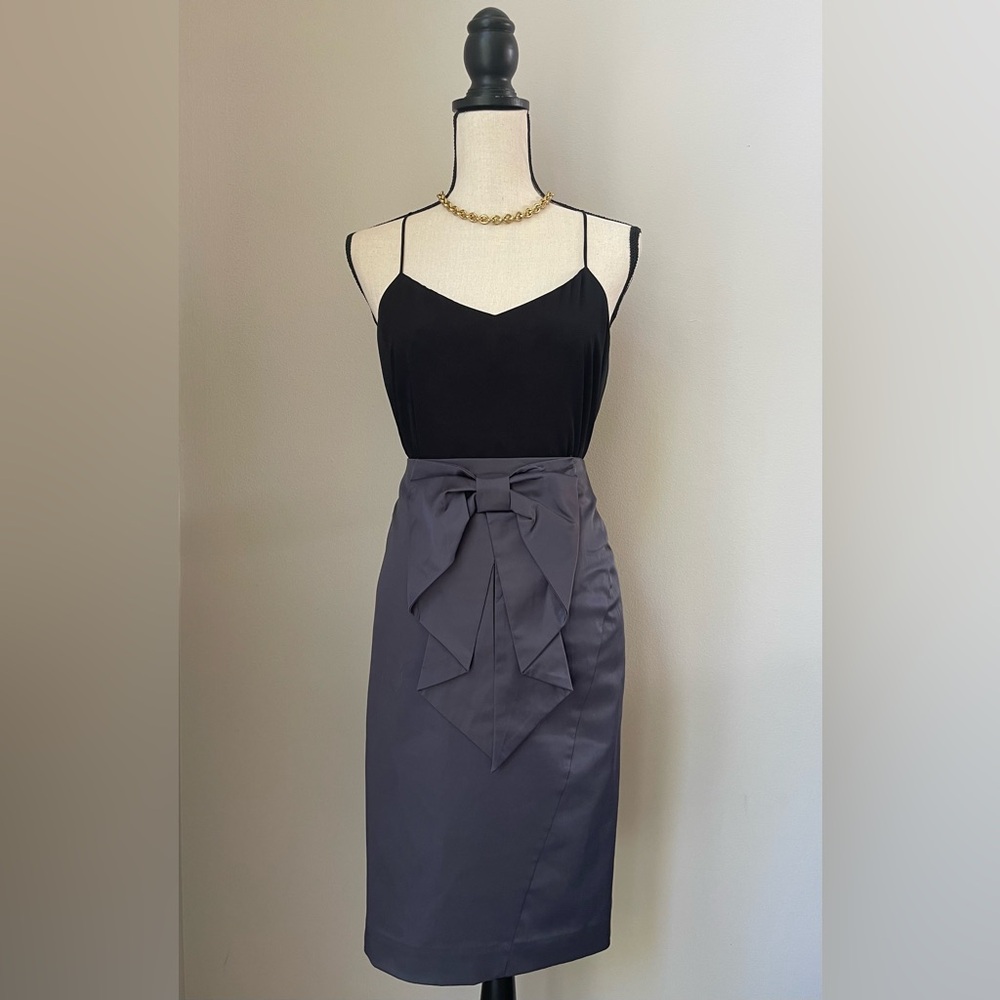 Gunmetal Gray Satin Pencil Skirt with Oversize Bow